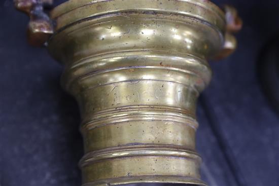 A 15th century German or Flemish brass Holy Water bucket, diameter 7.5in., height to lugs 6.25in.